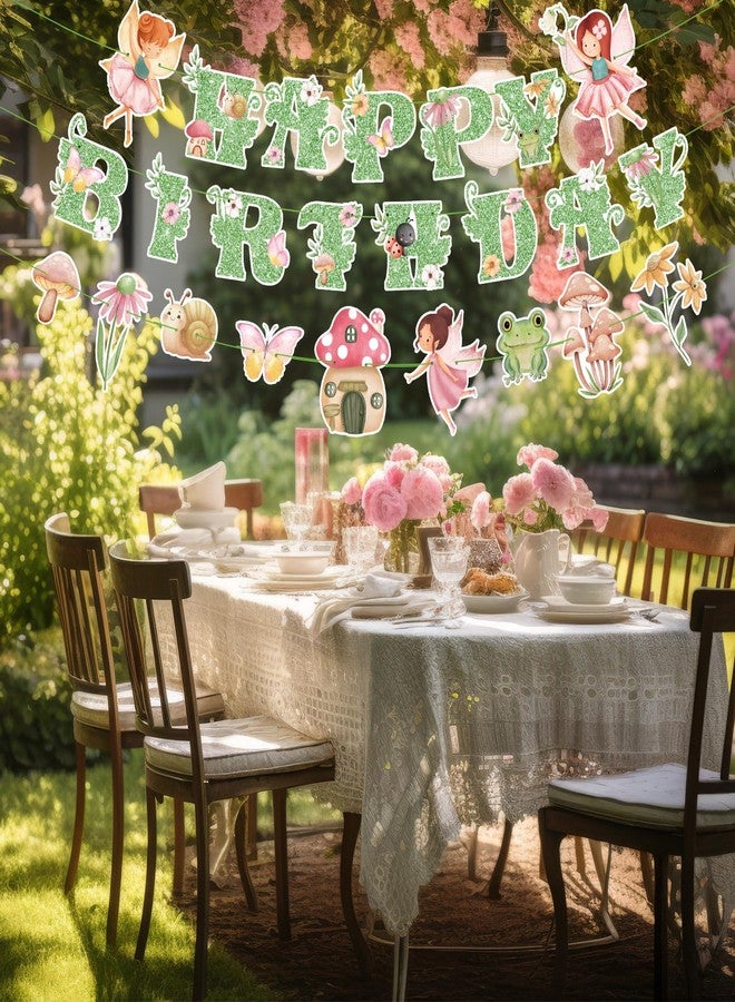 Daifunli 3 Pcs Fairy Birthday Party Decorations Green Glitter Happy Birthday Banner Colorful Hanging Decor Funny Banner Cutout Garland for Themed Decorations Bridal Shower Garden Party Supplies - Image 5